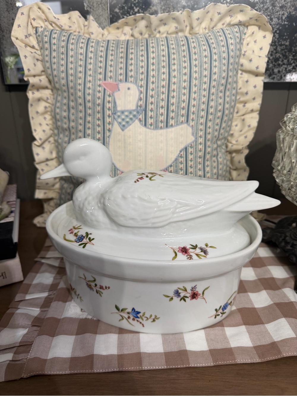 White Ceramic Duck Covered Casserole with Floral Accents